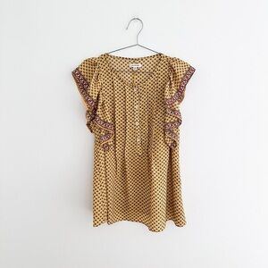 Max Studio V Neck Yellow Floral Printed Button Flutter Sleeve Top